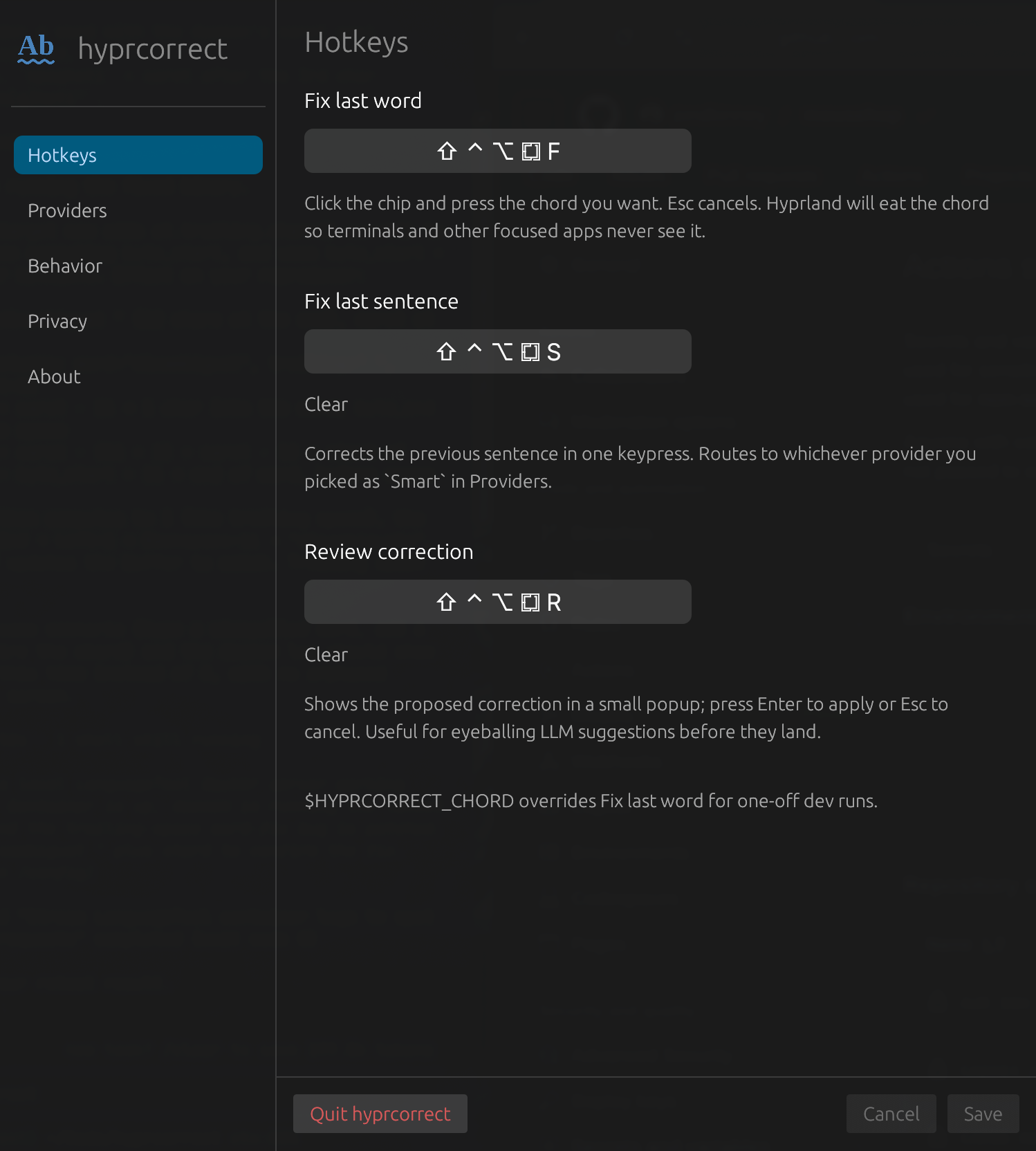 HyprCorrect Preferences window showing the Hotkeys panel with three rebindable chords for fix last word, fix last sentence, and review correction